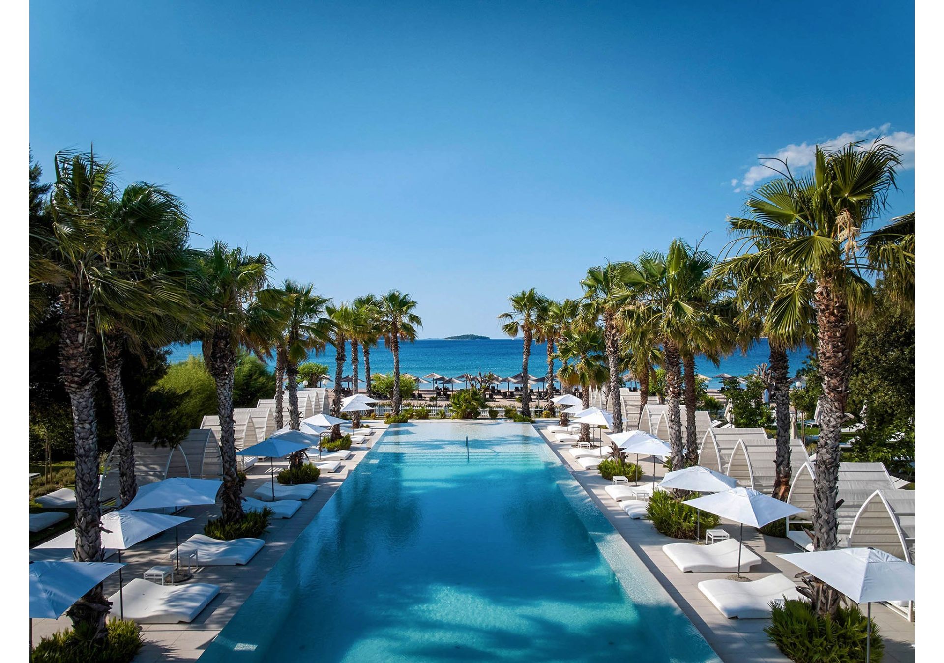 Pool mit Palmen und Meerblick